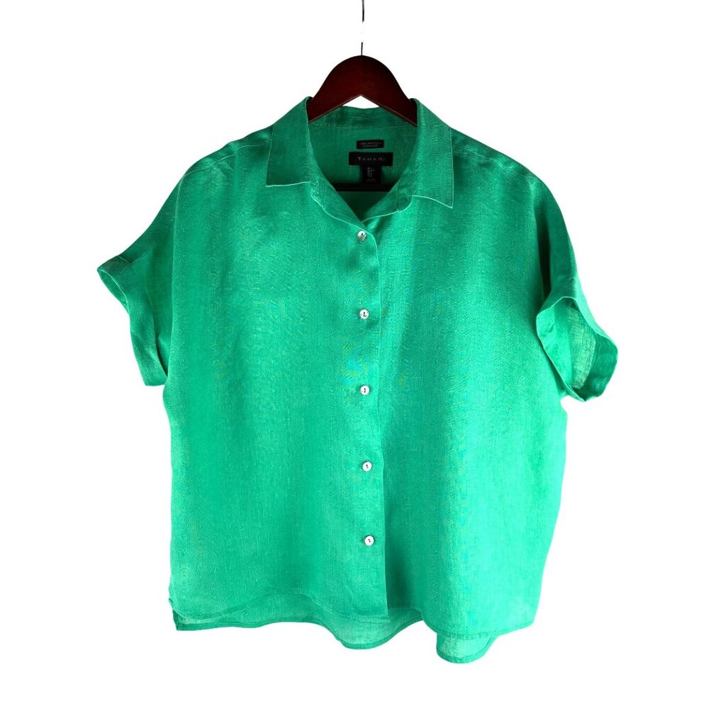 Tahari Organic Green Linen Short Sleeve Button Up Shirt, Women's Large